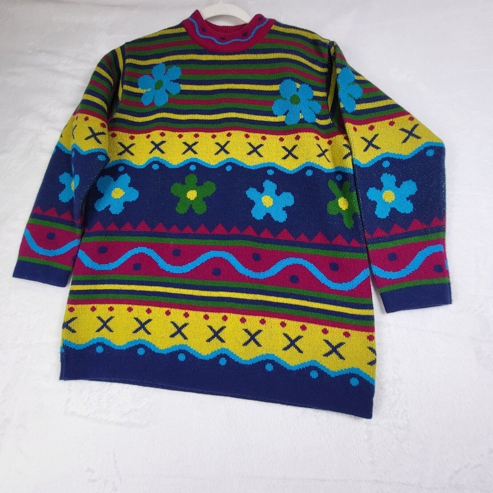 Vintage 1980's Benetton Colorful Long Sleeve Crewneck Sweater Size S Aztec Italy